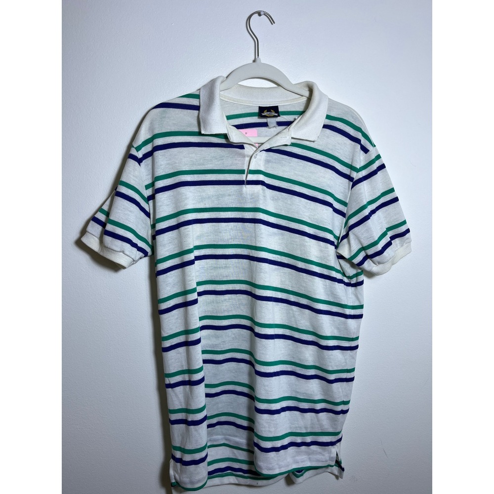 Vintage Lee Striped Polo Shirt Mens White Green Blue Short Sleeve Knit Retro